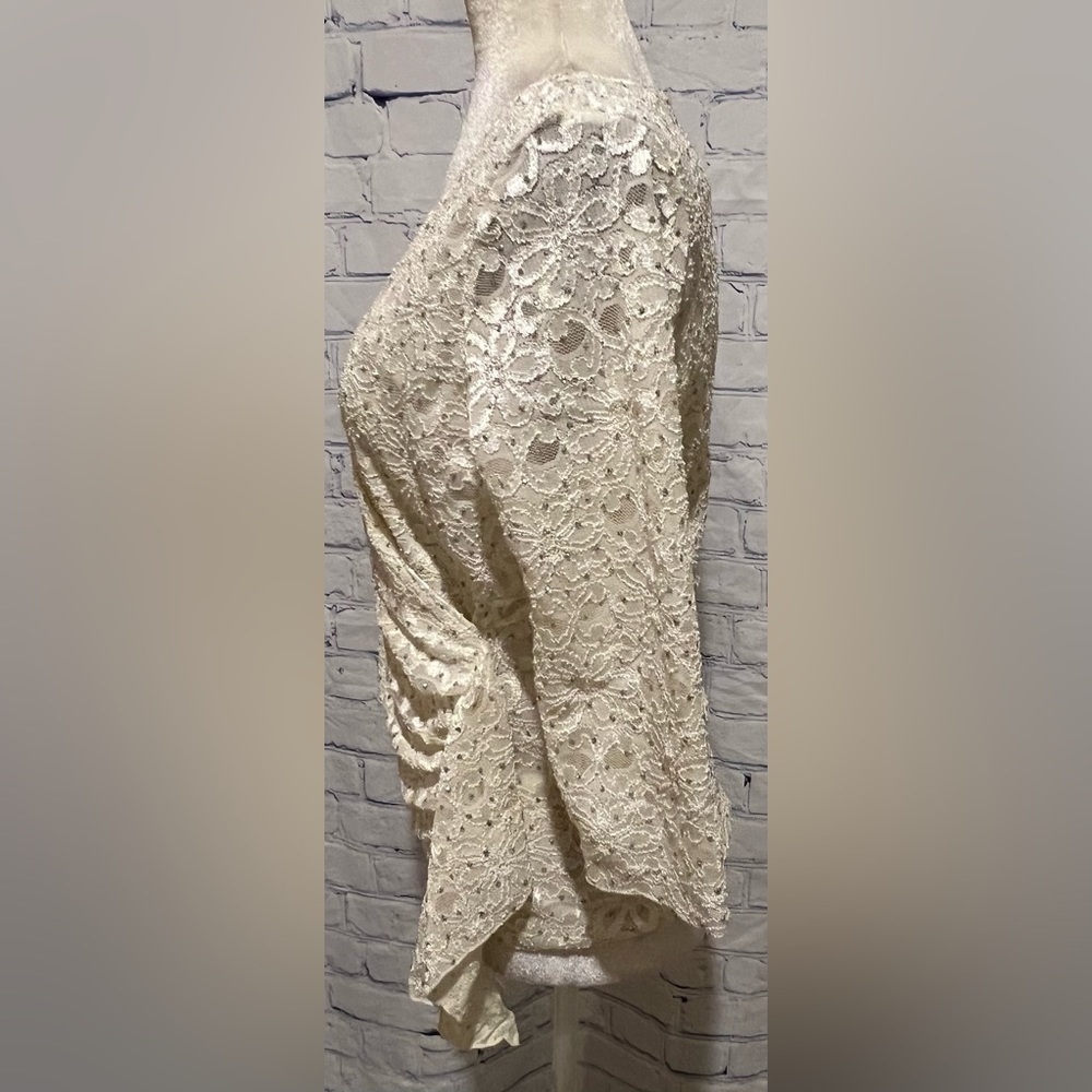 Brittany Black Vintage Top L Large Cream Ivory Glitter Floral Mesh 3/4 Sleeve - Picture 4 of 7